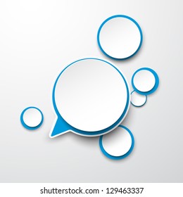 Vector abstract illustration of white and blue paper round speech bubbles on grey background. Eps10.