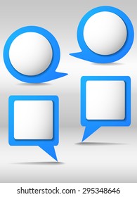Vector abstract illustration of white and blue paper round and square speech bubbles on grey background
