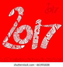 Vector abstract illustration with a white doodled 2017 year text on a red background.