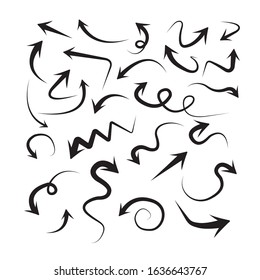 Vector abstract illustration of white  hand drawn arrows set. Isolated on black background.