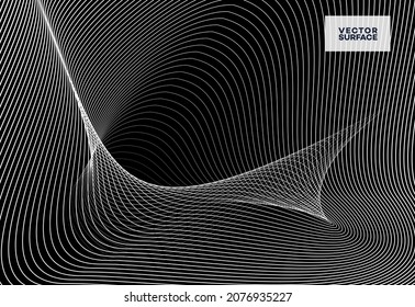 Vector abstract illustration of white line curves array on black background.