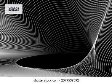 Vector abstract illustration of white line curves array on black background.