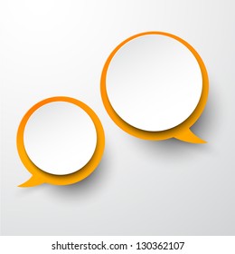 Vector abstract illustration of white and orange paper round speech bubbles on grey background. Eps10.