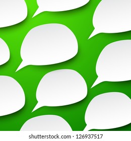 Ilustración vectorial abstracta de burbujas de voz de papel blanco sobre fondo verde. Eps10.