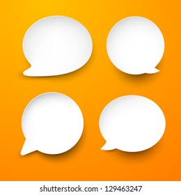 Vector abstract illustration of white paper rounded speech bubbles on orange background. Eps10.