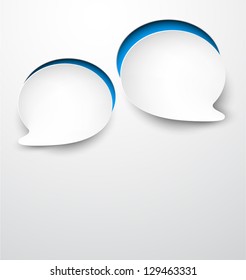 Vector abstract illustration of white paper round speech bubbles on grey background. Eps10.