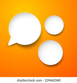 Vector abstract illustration of white paper round speech bubbles on orange background. Eps10.