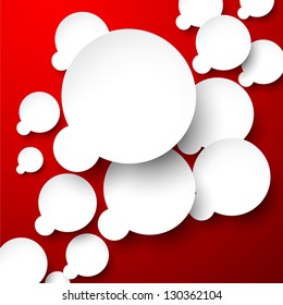 Ilustración vectorial abstracta de burbujas de voz de papel blanco sobre fondo rojo. Eps10.