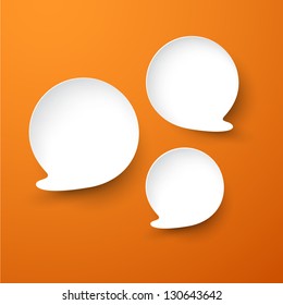 Vector abstract illustration of white paper speech bubbles on orange background. Eps10.