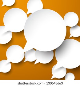 Vector abstract illustration of white paper speech bubbles on brown background. Eps10.