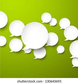 Vector abstract illustration of white paper speech bubbles on green background. Eps10.
