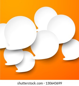 Vector abstract illustration of white paper speech bubbles on orange background. Eps10.
