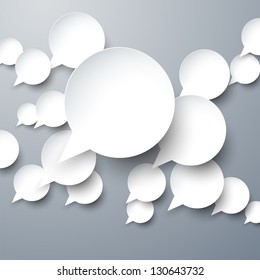 Vector abstract illustration of white paper speech bubbles on grey background. Eps10.