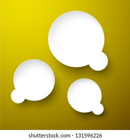 Vector abstract illustration of white paper speech bubbles on yellow background. Eps10.