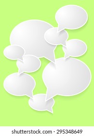 Vector abstract illustration of white paper round speech bubbles on green background