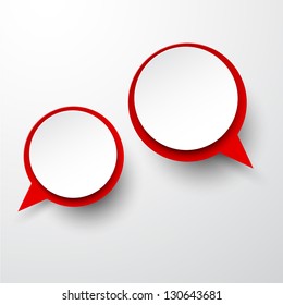 Vector abstract illustration of white and red paper round speech bubbles on grey background. Eps10.