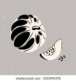 Vector abstract illustration with a whole pumpkin and a slice. Craft texture background. Modern style. The concept of food, cooking.