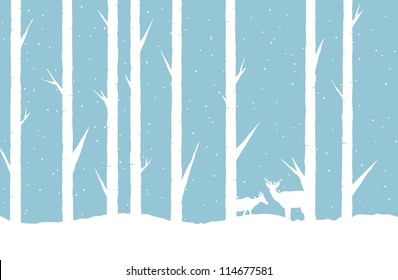 Vector abstract illustration of a winter forest with two deers.