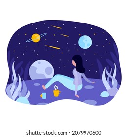 Vector abstract illustration. The woman exploring nature, night sky, moon, planets, comets and stars, seating on the ground with coffee and camera. Flat cartoon isolated design