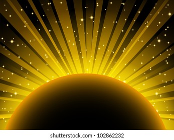 vector abstract illustration of yellow light beams over planet with place for text