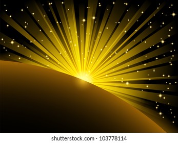 vector abstract illustration of yellow light beams and stars over planet