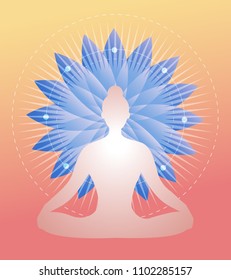 The Vector Abstract Illustration of Yogi doing Yoga in Lotus Pose with Enlighten Ray.