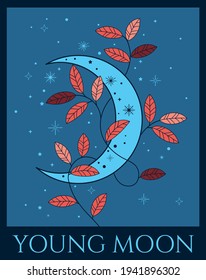 vector abstract  illustration of young blue moon and orange leaves in bright colours, contrast colour scheme, main colour blue