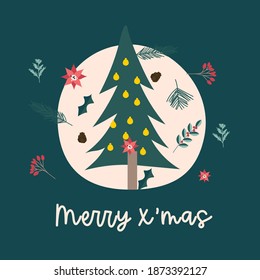 Vector abstract illustrations of holiday card with Christmas tree and plant winter