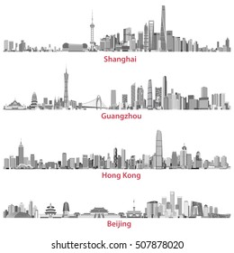 vector abstract illustrations of Shanghai, Guangzhou, Hong Kong and Beijing skylines