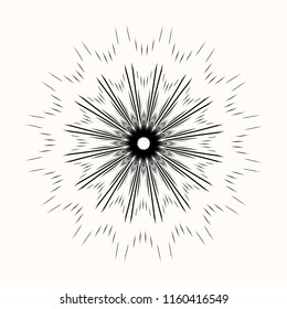 Vector abstract image of the black sun. Sacred geometry. Technology emblem. Design element. Round logo. Star. Black tribal tattoo. Vector illustration.