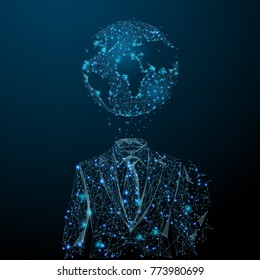 Vector abstract image of businessman in suit with planet in the form of a starry sky or space, consisting of points, lines, and shapes in the form of planets, stars and the universe. RGB Color mode
