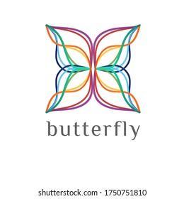 Vector abstract image of a butterfly with wings made of smooth multi-colored lines. Logo template, icon, sign, identity for the sphere of beauty, health, art, entertainment, hobbies, design, repair.