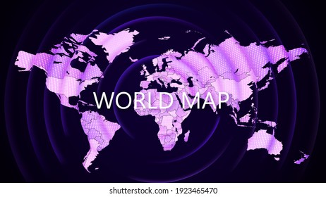 Vector. Abstract image of the geographic map of the planet Earth on a dark background. Light purple outlines of continents and countries with radial blur. Spectacular texture with 3D wave effect. 