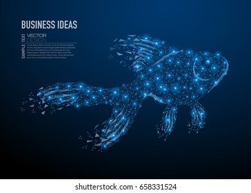 Vector abstract image of goldfish in the form of a starry sky or space, consisting of points and lines. Business concept. Mesh spheres from flying debris. Thin line concept. Blue structure style.