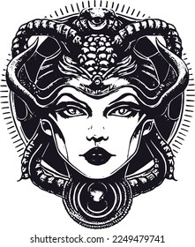 vector abstract image of a Gorgon Medusa, a vignette with a gorgon medusa face, suitable for logo and tattoo