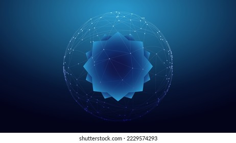 Vector abstract image of a lotus flower surrounded by a network of energy, on a blue background.