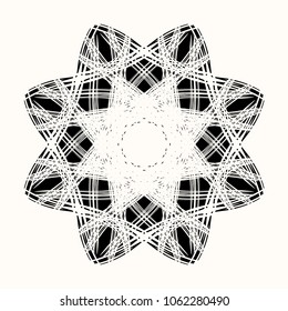 Vector abstract image of a magic flower. Sacred geometry. Technology emblem. Design element. Round logo. Star. Black tribal tattoo. Vector illustration.