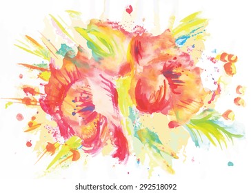 Vector abstract image of red flowers on white background. Watercolor sketch