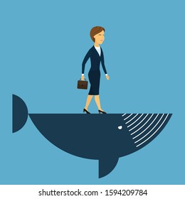 Vector abstract image smiling European businesswoman with brown briefcase. Successful smart business lady standing across the blue whale. Business concept on a blue background. Success in Business.