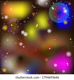 Vector Abstract Image in The Style of a Mysterious Macro and Microworld. Glowing Spheres and Balls Moving in Space, Blurred Background