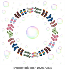 Vector abstract image of a wreath made from socks and soap bubbles.