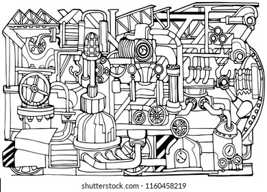 Vector abstract industry black and white background. Technology or factory illustration with decorative industrial sketch elements. 
Vintage linear style concept. Hand drawn.