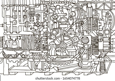 Vector abstract industry black and white background. Technology or factory illustration with decorative industrial sketch elements. 
Vintage linear style concept. Hand drawn.