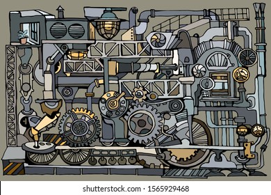 Vector abstract industry or steampunk background. Fantasy technology or factory illustration with decorative machine sketch elements featuring industry concept. 
Hand drawn.