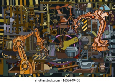 Vector abstract industry or steampunk background with decorative robot arms. Fantasy technology or factory illustration with decorative machine sketch elements. Hand drawn.