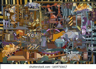 Vector abstract industry or steampunk background. Fantasy technology or factory illustration with decorative machine sketch elements. Hand drawn.