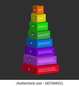 Vector abstract infographic with 8 step or options. Pyramid for workflow process, business pyramid, banner, diagram, number options, work plan, web design.