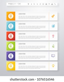 Vector abstract infographic design template with 6 steps and marketing icons. For content, diagram, steps, parts, processes, timeline infographics, workflow layout, chart, banner, web design.
