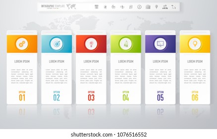 Vector abstract infographic design template with 6 steps and marketing icons. For content, diagram, steps, parts, processes, timeline infographics, workflow layout, chart, banner, web design.