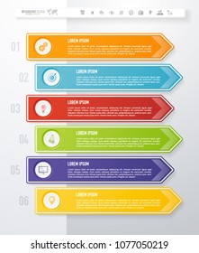 Vector abstract infographic design template with 6 steps and marketing icons. For content, diagram, steps, parts, processes, timeline infographics, workflow layout, chart, banner, web design.